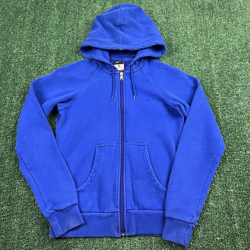 VTG Nike Hoodie Women's Small Royal Blue Cotton Polyester Full Zip Swoosh Y2K